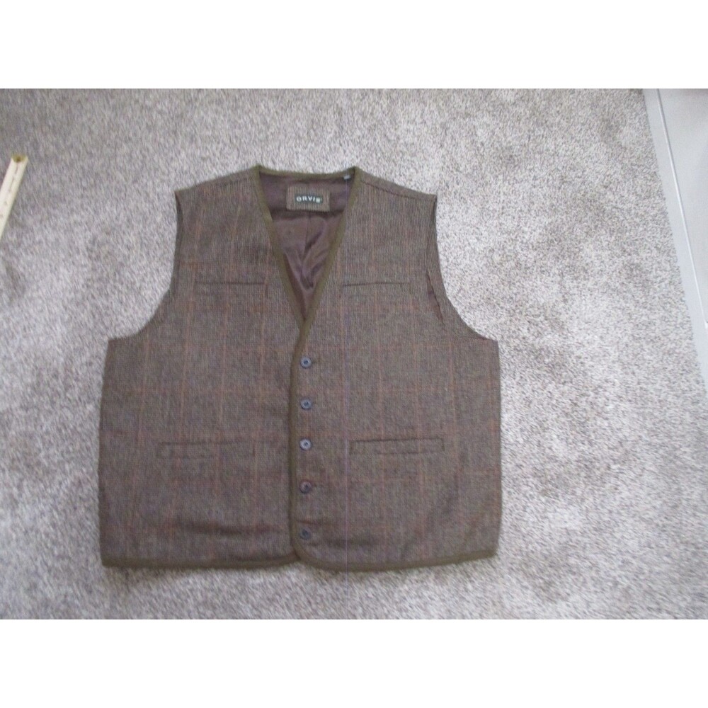 Orvis Waistcoat Wool Tweed Herringbone Vest Notch Lapel Cinch Brown Mens XXL